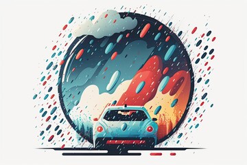 Poster - A single drop of rain hits the windscreen of the automobile. The idea of preventing car accidents during the rainy season, with a focus on the driver in traffic on a cloudy day with poor weather condi