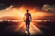 Generative AI illustration of an athletic man walking on a deserted road into the sunset. The image is focused on the man's leg, which emphasizes his physical fitness and determination