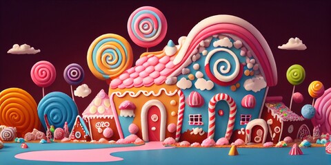 Generative AI illustration of a sweet and magical world with candy land landscape and gingerbread fantasy house