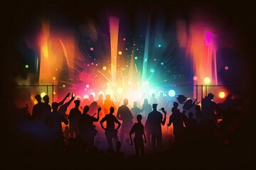 Wall Mural - Contextual Abstract Idea for a Concert Party The idea of partygoers. Club full of cheery people. Festivity, joy, jubilation, hazy dance club. Show concert EDM on stage. Generative AI