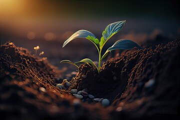 generative ai illustration of a new life idea. springtime sees little plants on the ground, developi