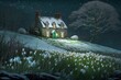 The snowdrop flowers (Galanthus nivalis), snow. Traditional rural country house on background. Night, moonlight. Thaw, the onset of spring, the warm season. Snowdrop day holiday April 19 concept