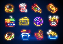 Fast Food Neon Icons. Food Isolated Icons, Emblem, Design Template. French Fries, Drink, Pizza, Burger, Taco, Shawarma, Hot Dog, Noodles, Donut. Vector Illustration