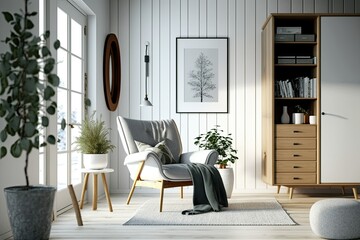 Poster - Stylish arrangement of modern home furnishings in a scandinavian style, including a design armchair, commode, wooden stool, book, décor, loft wall, and individual accents. Generative AI