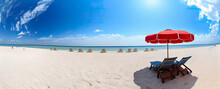 Two Red Chairs Banner Front The Sea With White Sand For Vacation  Promotion
