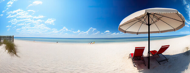 two red chairs banner front the sea with white sand for vacation promotion