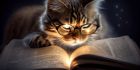 Generative AI illustration of Intelligent serious cat in glasses reading a book, volumn light