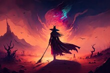 It's A Digital Painting That Uses A Brushstroke Technique To Depict A Halloween Fantasy Witch And Her Powerful Magic Staff In A Desert Landscape. Generative AI