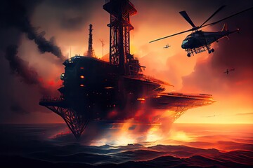 Generative AI illustration of an offshore oil platform, with a helicopter parked on top of it and a bright flare burning in the background