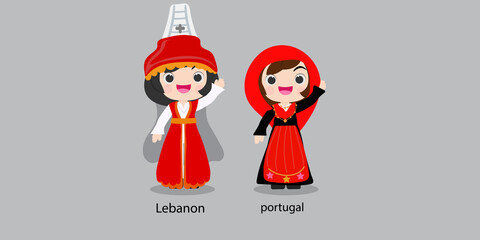Wall Mural - Lebanon in national dress with a flag.  woman in traditional costume. Travel to portugal. People. Vector flat illustration.