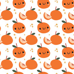 Wall Mural - Cute cartoon style orange, mandarin or apple fruit characters vector seamless pattern background.