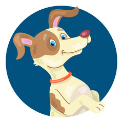 Sticker - Avatar icon of a funny little dog.  In cartoon style. On the dark blue circle. Isolated on white background. Vector flat illustration.