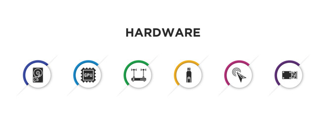Poster - hardware filled icons with infographic template. glyph icons such as harddrive, gpu, modem with two antenna, flash card, mouse pointer, cd room vector.