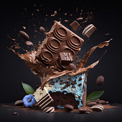 Wall Mural - Bar of chocolate with cake. Delicious mouthwatering bar of chocolate. Generative AI.