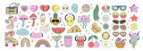 Fototapeta Dinusie - Set retro groovy elements in trendy retro cartoon style. Charcters, daisy flowers, ice cream, mushrooms, sunglasses, peace sign, heart, rainbow, hippie stickers. 