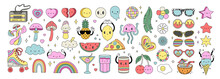 Set Retro Groovy Elements In Trendy Retro Cartoon Style. Charcters, Daisy Flowers, Ice Cream, Mushrooms, Sunglasses, Peace Sign, Heart, Rainbow, Hippie Stickers. 