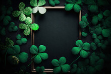 St. Patrick's Day Decoration Concept Including Wooden Frame And Lucky 4 Leaf Clover Border, Black Background Flat Lay Template Concept. Happy St. Patrick's Day, St Patty's Day Celebrate
