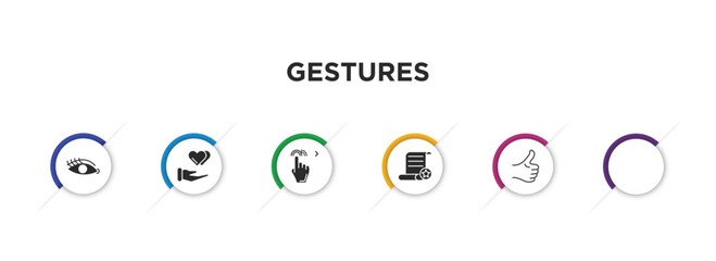 gestures filled icons with infographic template. glyph icons such as eyelashes, charity donation, grab, drag right, decree, thumb finger up vector.