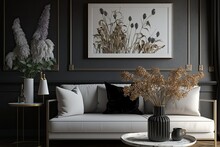 Elegant House Interior Design Featuring A Contemporary Neutral Sofa, Faux Poster Farmes, Dried Flowers In A Vase, Coffee Tables, Decorative Accessories, And Elegant Personal Accents. Template