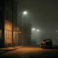 foggy chicago suburbs night 1950's film empty streets tail lights Generative AI