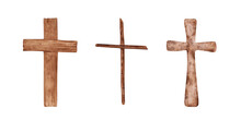 Set Of 3 Religious Crosses Isolated On A Transparent Background. Watercolor Wooden Christian Cross Illustration. The Hand-painted Catholic Or Orthodox Symbol For The First Community, And Easter.