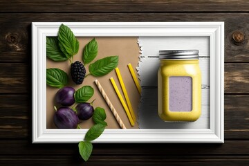 Sticker - Top view of a glass jar of a yellow and a violet fruit smoothie, complete with a straw, mint leaves, mango slices, and a berry. White wooden board background with blank copy space. Generative AI