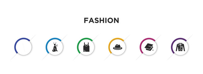 fashion filled icons with infographic template. glyph icons such as cheongsam, women drees, women sleeveless shirt, fedora, college graduation cap, coat with pockets vector.