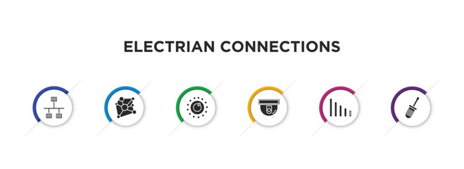 Poster - electrian connections filled icons with infographic template. glyph icons such as lan, connections, dimmer, cctv, low, screwdriver vector.