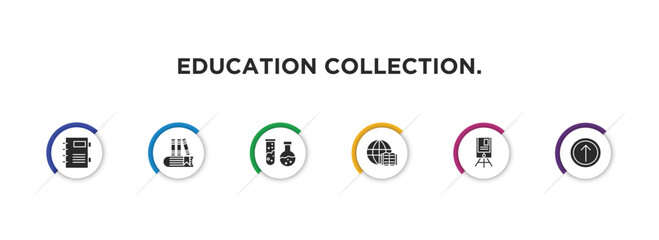 Sticker - education collection. filled icons with infographic template. glyph icons such as agenda with bookmarks, hardbound book, chemical test tube, international studies, flip chart, top vector.