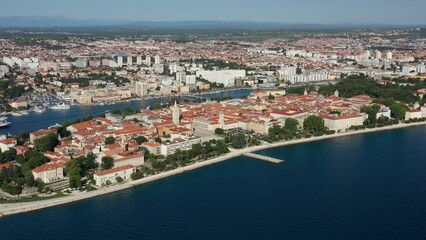 Canvas Print - Aerial shot of Zadar old town, famous tourist attraction in Croatia. Waterfront aerial summer view, Dalmatia region of Croatia. Drone