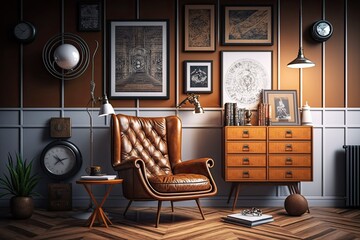 Sticker - Contemporary retro home furnishings, including a brown armchair, a wooden bookcase, a pendant lamp, a carpet, picture frames, and stylish personal accessories. Template. Generative AI