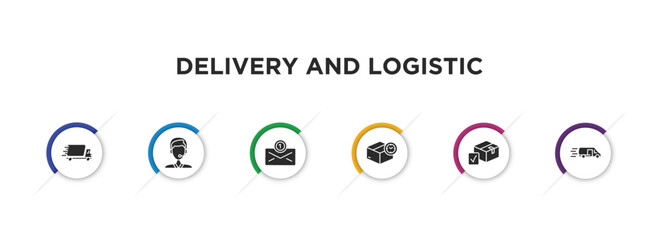 delivery and logistic filled icons with infographic template. glyph icons such as fast delivery, support, air mail, delivery time, package checking, by car vector.