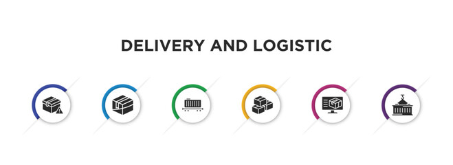 Poster - delivery and logistic filled icons with infographic template. glyph icons such as delivery delay, delivery, cargo train, freight, monitor, containers vector.