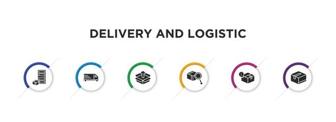 Poster - delivery and logistic filled icons with infographic template. glyph icons such as delivery to the door, cargo bus, package, inspection, delivery info, packages vector.