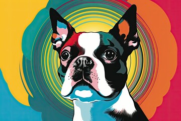 Wall Mural - Boston terrier puppy posed in a stylized pop art. Generative AI