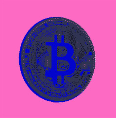 Poster - Pixel art of a 3D bitcoin currency on a pink background.