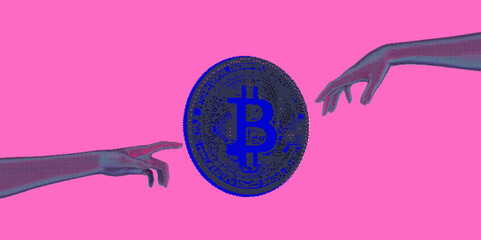 Poster - Pixel art of a 3D bitcoin currency on a pink background.