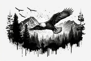 Wall Mural - Experimentation and travel in the great outdoors logo, eagle in flight print. Generative AI