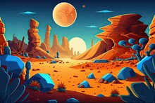 Space Desert World Inhabited By Aliens. Scenery Of Mars As A Backdrop, Featuring A Rusty Ground Surface Scattered With Rocks And Blue Crystals, And A Double Sun In The Sky. Cartoon Illustration Of A