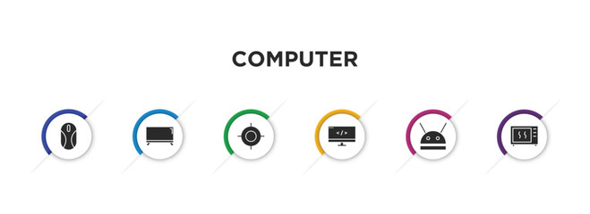 Poster - computer filled icons with infographic template. glyph icons such as mouse device, tv screen, calibrate, computing code, robotic, device vector.