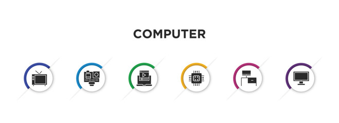 Poster - computer filled icons with infographic template. glyph icons such as televisions, action camera, computer video, computer micro chip, workstation, monitor screen vector.