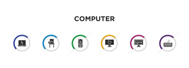 Poster - computer filled icons with infographic template. glyph icons such as open laptop on, school desk, tv controller, computer folder, computer and monitor, classroom keyboard vector.