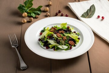 Wall Mural - Salad of red beans, lettuce, and walnuts from the Mediterranean, served in an Italian fashion, on a white plate on a wooden table with some white space left. Generative AI