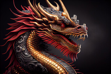 A dragon with gold and red colors is on a dark background. Generative ai