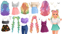Rainbow Hair Cute Cartoon Character Paper Doll With Hairstyles, Clothing And Accessories. Vector Illustration