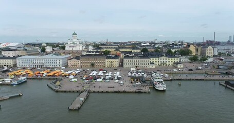 Poster - Helsinki Downtown Cityscape, Finland. Cathedral Square, Market Square, Sky Wheel, Port, Harbor in Background. Drone Point of View