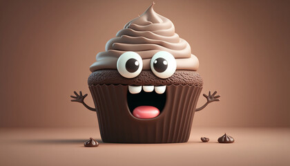 Cute cartoon cupcake, fluffy cartoon cupcake, very delicious, with a frothy smile and cute kind eyes, want to eat a fairy soft cake, created by generative ai