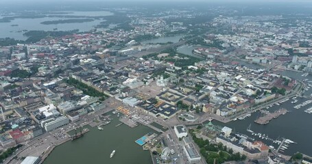 Sticker - Helsinki Downtown Cityscape, Finland. Cathedral Square, Market Square, Sky Wheel, Port, Harbor in Background. Drone Point of View