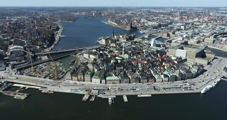 Wall Mural - Stockholm Cityscape. Sodermalm Island and Old Town, Downtown. Sweden. The Royal in Background. Drone 4k