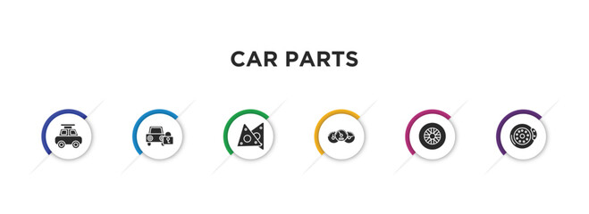 Sticker - car parts filled icons with infographic template. glyph icons such as car roof, car lock, gasket, dashboard, tyre, brake vector.